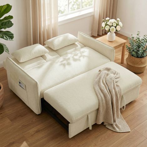 3-in-1 Verstellbares Schlafsofa, Zweisitzer mit Getränkehaltern, verstellbarer Rückenlehne und Seitentaschen, Beige
