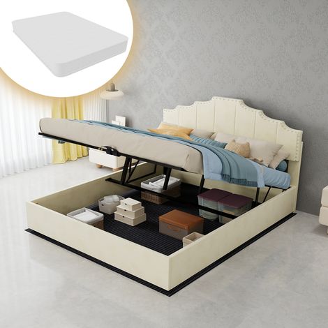 Lit moderne minimaliste beige 160 x 200 cm, tête de lit moelleuse, sommier haut à vérin hydraulique, matelas inclus (1/5)
