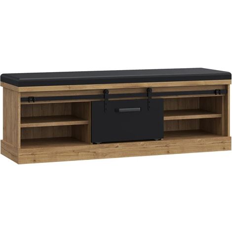 Banc bout de lit 145 cm 4 niches 1 porte décor chêne et noir – FARM (1/5)