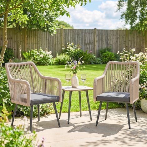 Ensemble de 2 chaises de jardin avec coussins et accoudoirs, en acier et rotin PE, 54 x 65 x 80 cm, gris foncé (1/5)