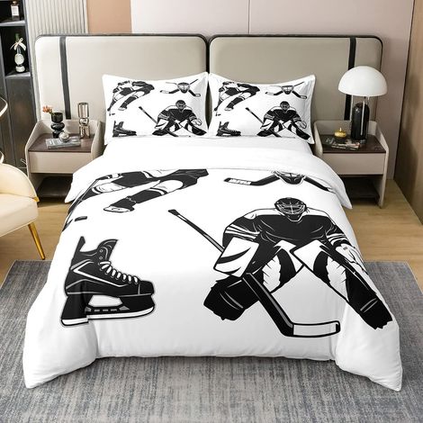 Hockey sur glace - Housse de couette 100 % coton lavé - 155 x 220 cm - Pour joueurs de hockey sur glace - Noir et blanc - Avec fermeture éclair - Pour enfants et garçons (1/5)