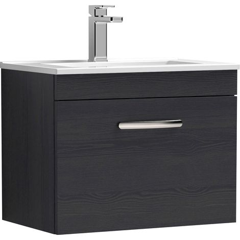Nuie Athena Charcoal Black Woodgrain 600mm Wall Hung Single Drawer Vanity Unit and Minimalist Ceramic Basin - ATH040B (1/10)
