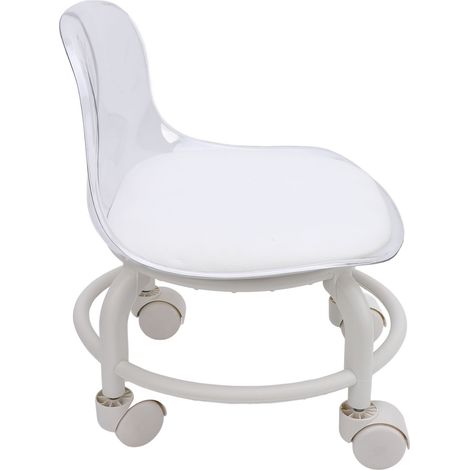 Tabouret bas à roulettes avec dossier, petit modèle en acrylique transparent gris silencieux, assise mini à roulettes. (1/5)