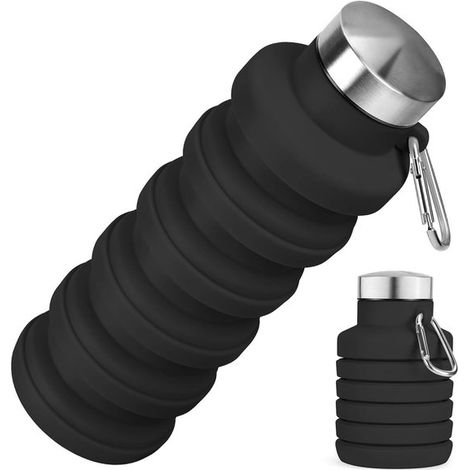 Faltbare Silikon-Trinkflasche, 500 ml, auslaufsicher und BPA-frei, ideal für Reisen, Wandern und Fitness, mit Karabinerhaken, Schwarz (1/5)