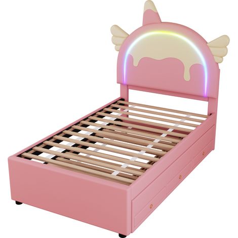 Ausziehbett 90×200 cm, Einzelbett mit Einhorn-Kopfteil und Ausziehbett, ohne Matratze, Rosa (1/5)