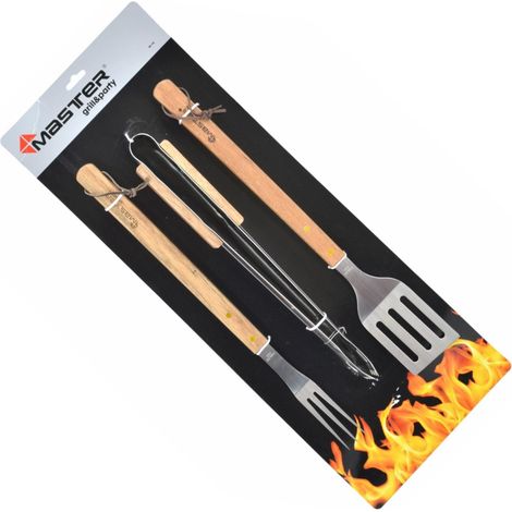 Set di accessori per barbecue con 3 manici in legno