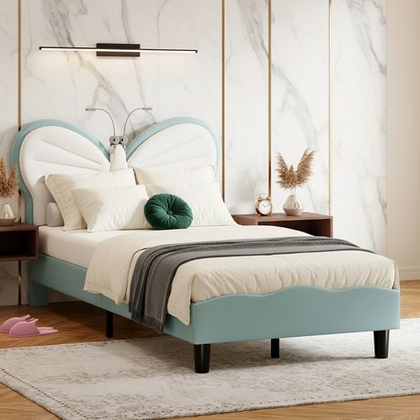 Letto singolo per bambini 90x200cm Letto imbottito con Testiera a Farfalla regolabile e LED Letto Principessa in Ecopelle Blu (1/5)