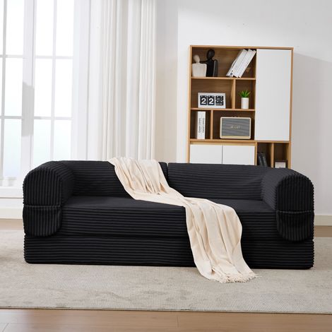 Canapé convertible 2 places en velours côtelé – Canapé-lit au sol, futon –  Gain de place – 190x156 cm – Pour salon appartement et chambres d'amis – Noir (1/5)