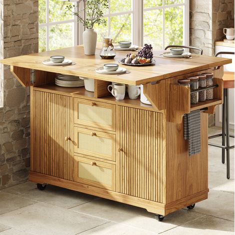 Carrito de cocina plegable de 142,5 x 80 x 95 cm con espacio de almacenamiento, cajones con aspecto de ratán y MDF color madera natural.