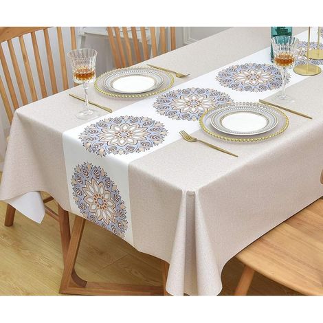 Nappe lavable 220x137cm PVC, imperméable, rectangulaire, pour table de salle à manger & extérieur