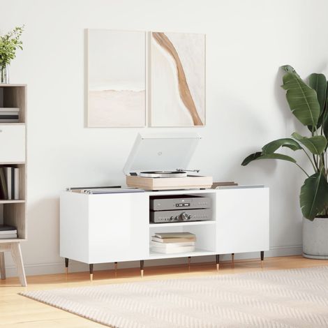 Armoire à disques, Bibliothèque, Meuble de Rangement, Meuble TV blanc brillant 121x38x48 cm bois d'ingénierie HYB65089 (1/5)
