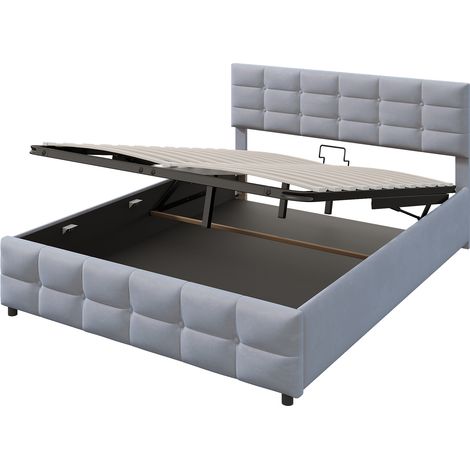 Cama capitoné 180 x 200 cm con somier de láminas, arcón hidráulico, terciopelo gris (1/5)