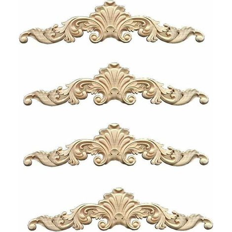 4 Pièces Moulure Decorative Bois Ornement Bois sculpté Décoratifs en Bois Longs Sculptés Onlay Applique Meubles Coins Ornement Moulure Home Door Bed Decor Moulure Decorative Bois Baguette
