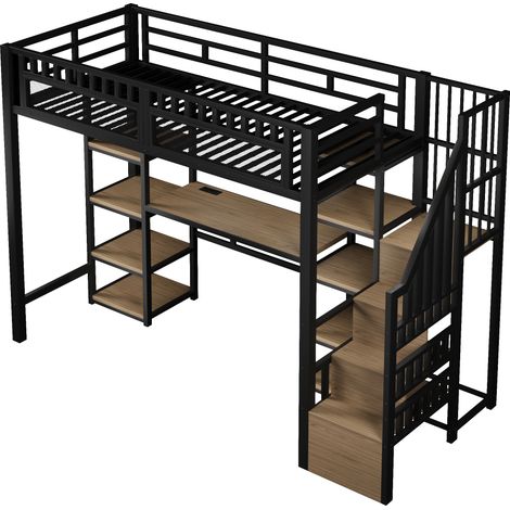 Cama alta 90x200 cm de metal y MDF con escritorio, almacenaje, LED y USB negra HOMVRA (1/5)