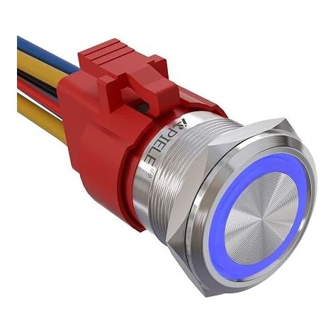 22 mm - Bouton poussoir de verrouillage - 12 V CC - 10 A - Boîtier en aluminium avec LED - Étanche - Bouton poussoir avec prise pré-câblée marche/arrêt (bleu) (1/5)