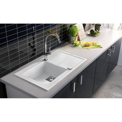 Carea Cuisine & Bain – Évier à encastrer 1 bac réversible 86x50 cm – Carealith® résistant aux chocs et à la chaleur – Système de vidage automatique inclus (1/8)