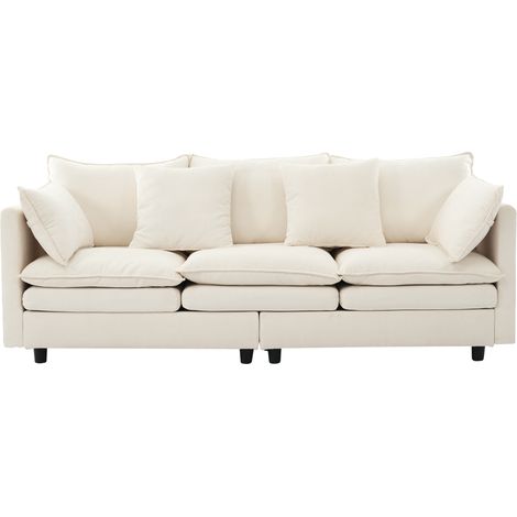 Canapé d’angle beige 3 places en chenille, méridienne mobile gauche ou droite, 4 coussins, dimensions 212 × 150 × 90 cm (1/5)