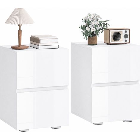 Ensemble moderne de 2 tables de chevet, tables d'appoint étroites avec 2 tiroirs et façades laquées brillantes, blanches (1/5)