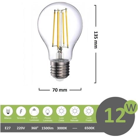 UNIVERSO LAMPADINA LED E27 12W BULB A70 FILAMENTO 360° 1500 LUMEN 3000K 4000K 6500K - Colore Luce: Bianco Freddo (1/4)