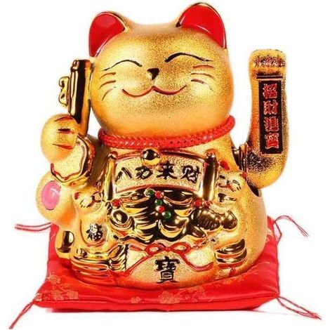 Grand Maneki Neko Doré 20cm avec Bras Mobile, Statue Chat Japonais Porte-Bonheur, Décoration Kawaii Or Gold, Idée Cadeau Japon, Chance & Fortune (1/5)