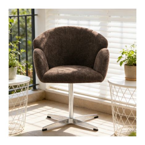 Fauteuil pivotant 360° en velours marron, piètement acier inoxydable brillant, chaise tournante rembourrée pour salon, salle à manger et cuisine, montage simple, 64x64x78 cm
