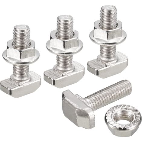 M6X20mm T Fente Drop-In Boulon et M6 Hexagone Bride Écrou Ensemble, 10 Ensembles Marteau Tête T-boulon T Forme Goujon Coulissant Vis pour 30 séries Aluminium Profil (1/5)