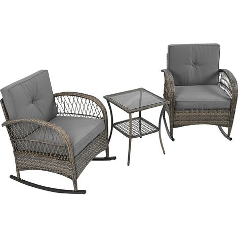 Outdoor-Loungeset mit 2 Schaukelstühlen und 1 Beistelltisch, für Balkon und Terrasse, Rattan, Metall und Hartglas, Grau (1/5)