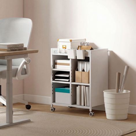 Estantería con ruedas, de 4 niveles, con estantes ajustables y cestas colgantes para oficina en casa y sala de estar, color blanco.