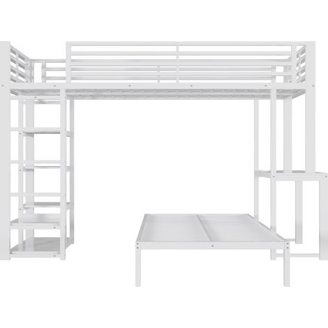 Hochbett 90 x 200 cm aus Metall und MDF mit Schreibtisch, Regalen, Weiß, EN747 (1/5)