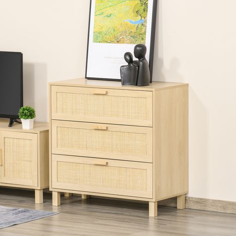 Kommode mit 3 Schubladen und Rattanbespannung, Maße 80 x 40 x 80 cm (L x B x H), MDF, helle Holzoptik