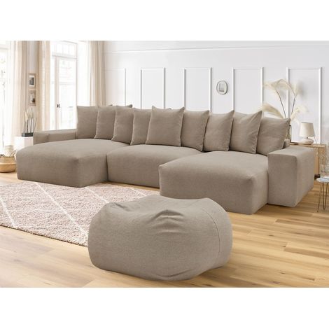 BOBOCHIC - Canapé panoramique fixe VOLTAIRE tissu chiné avec pouf Taupe (1/5)