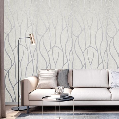 Modern 3D Wall Paper Silver Grey Striped Textured Wallpaper Background, Off white (1/5)
