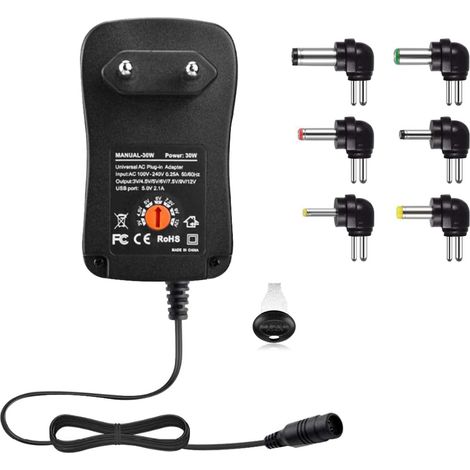 Adaptateur secteur universel AC/DC 30 W, transformateur de puissance à découpage 3 V/4,5 V/5 V/6 V/7,5 V/9 V/12 V, 1 A/2 A, avec 6 bornes CC coudées, adapté aux appareils électroniques domestiques. (1/5)
