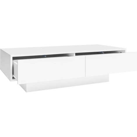 Tavolino da salotto moderno bianco lucido 115 x 55 x 34 cm con 2 cassetti e illuminazione LED (1/5)