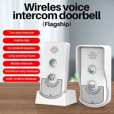 Sonnette vocale sans fil, portée de transmission de 1000 mètres, interphone bidirectionnel, batterie rechargeable, longue autonomie, système... (1/2)