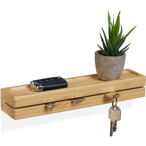 support de clés, Porte-clés avec étagère, bambou, largeur : 29,5 cm, rangement mural, natural (1/5)