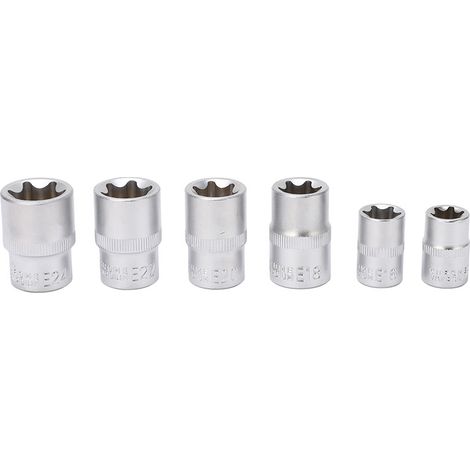 Kit d'outils de réparation comprenant 14 douilles Torx de type E (E4 à E24) avec entraînements 1/4", 3/8" et 1/2". (1/5)