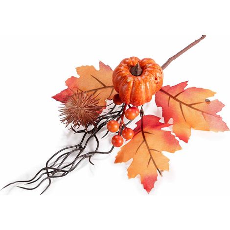 Branches d'automne pour emballage avec citrouille, bogue, feuilles et baies artificielles, lot de 12, H. 23 cm (35 cm avec tige)