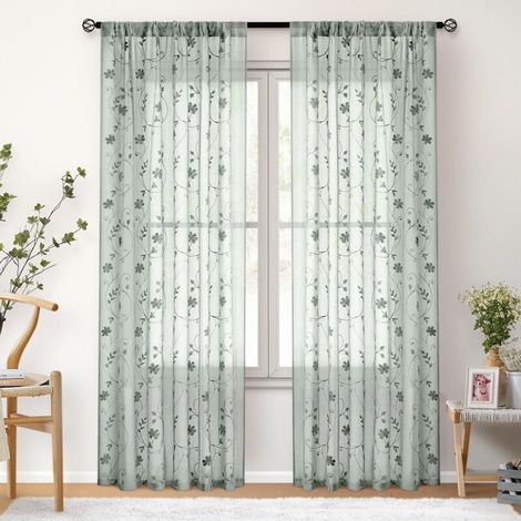 Rideaux semi-transparents à motif floral brodé en deux parties, voilages, adaptés aux chambres et aux salons, 132x160cm, verts (1/5)