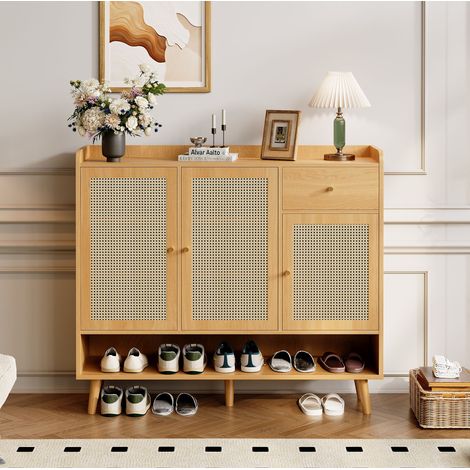 Mobile Scarpe in Rattan Naturale, 3 Ante 1 Cassetto 5 Ripiani, Piedi Legno B120xH106xP35 cm (1/5)