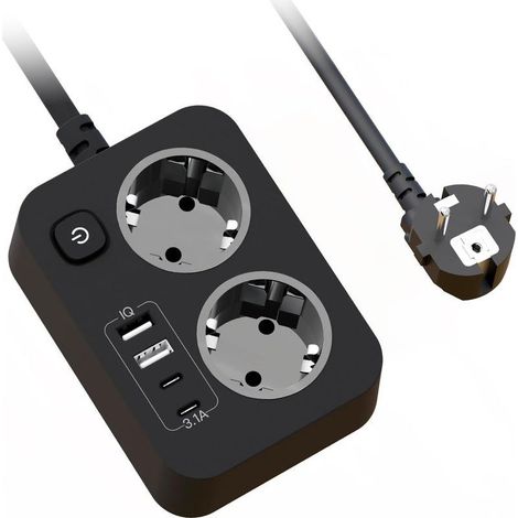 Multiprise 2 Prises avec USB, Portable Bloc Prise Multiple avec Protection Surtension et Cable 1.8m pour Bureau Maison Voyage, Noir (1/5)