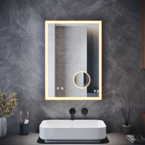 SIRHONA Armoires murales de salle de bain avec miroir LED, prise rasoir, miroir grossissant, fonction antibuée et 3 modes d'éclairage, porte simple 500x700mm