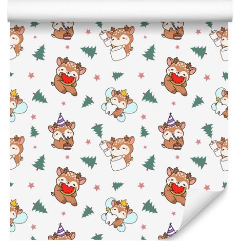 Papier peint cerf blanc, gris clair, beige et orange 50x1000 cm (1/5)