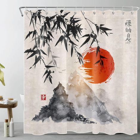 Duschvorhang aus japanischem Bambus mit Sonnen- und Bergmotiv, 180 x 180 cm, schimmelresistentes Polyester, mit 12 Haken