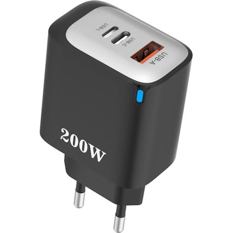Adaptateur de chargeur rapide portable de 200 W, compatible USB-C, USB-A et USB-L, avec adaptation intelligente de la puissance, idéal pour les voyages.