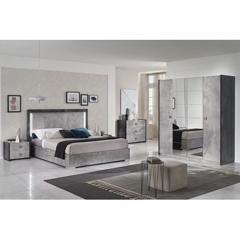 Altobuy – Chambre complète 160x200cm gris effet pierre avec leds – Structure en panneaux mélaminés – Finition vernis polyester brillant