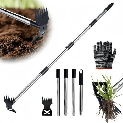 désherbeur Outil à longue poignée pour arracher les mauvaises herbes, houe de jardin et râteau à mauvaises herbes 2 en 1,outil robuste pour arracher les mauvaises herbes et jardiner