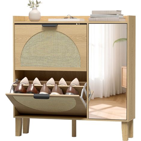 Meuble à Chaussures 10 Paires, Armoire à Chaussures, Porte en Miroir, 2 Tiroirs Rabattables et Étagères Réglables, Chêne, rangement design, salon et bureau (1/5)