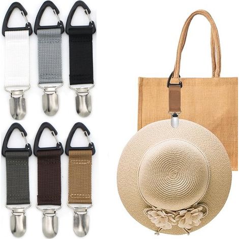 Set di 6 clip per cappelli da viaggio e da valigia. Clip porta cappelli, un pratico accessorio per cappelli da esterno, da fissare a borse, zaini, borse a tracolla e valigie. (1/5)