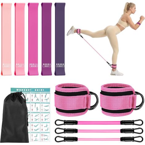5 x Elastic Weight Training, 3 x Ankle Straps for Bodybuilding Pulley, 5 Levels of Strength + 3 Levels of Strength, with Double D Ring, for Fitness, Pilates, Yoga, Gym, Exercise, Pull (1/5)